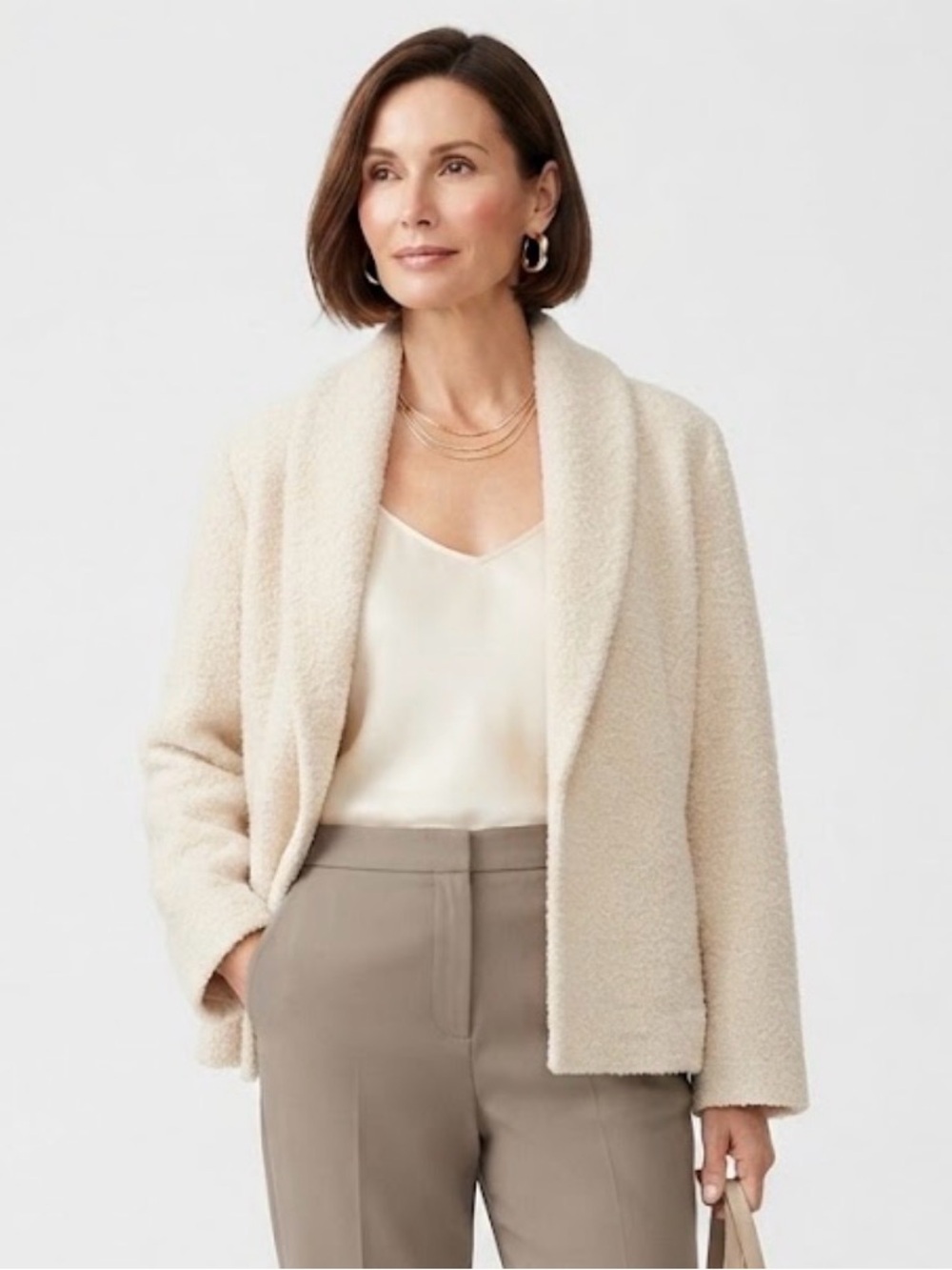 Eileen Fisher Cream Boiled Wool Shawl Collar Open Front Jacket Size L